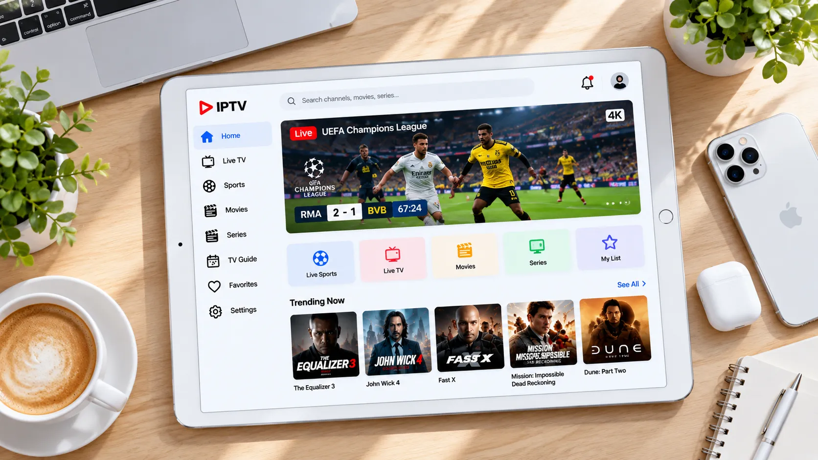 Vergleich von IPTV-Player-Apps auf verschiedenen Geräten: IPTV Smarters Pro auf Fire TV, TiviMate auf Android TV, GSE auf Apple TV
