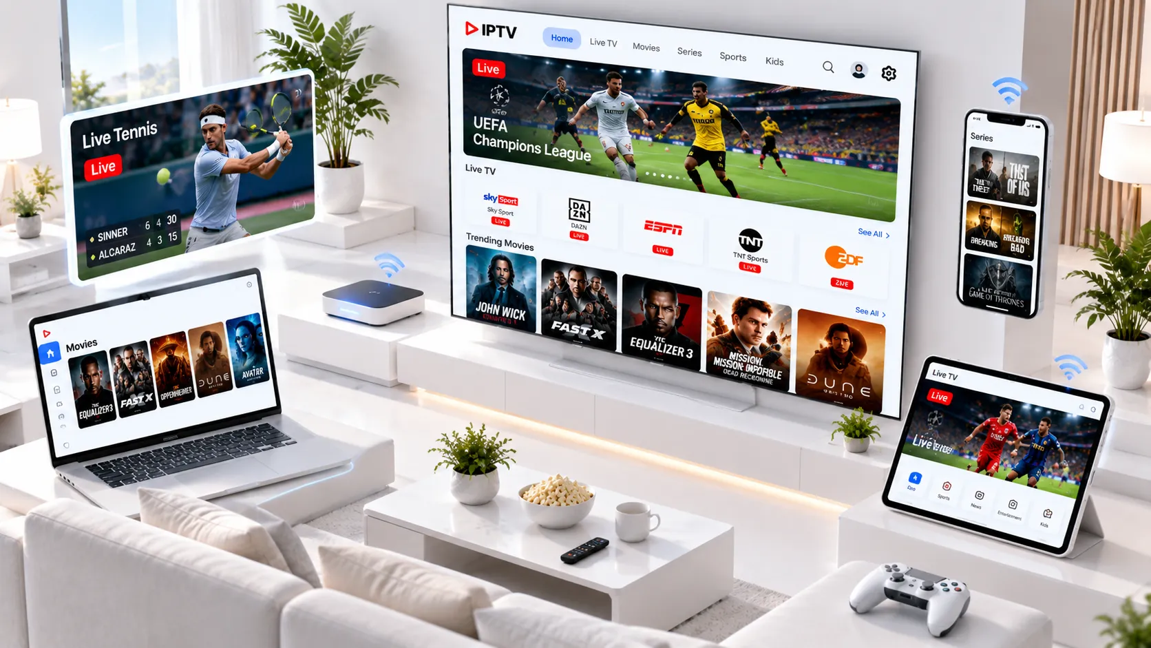 Netzwerktopologie für IPTV im DACH-Markt: FritzBox, Ethernet-Verbindung, Fire TV Stick und Serverstandorte in Deutschland