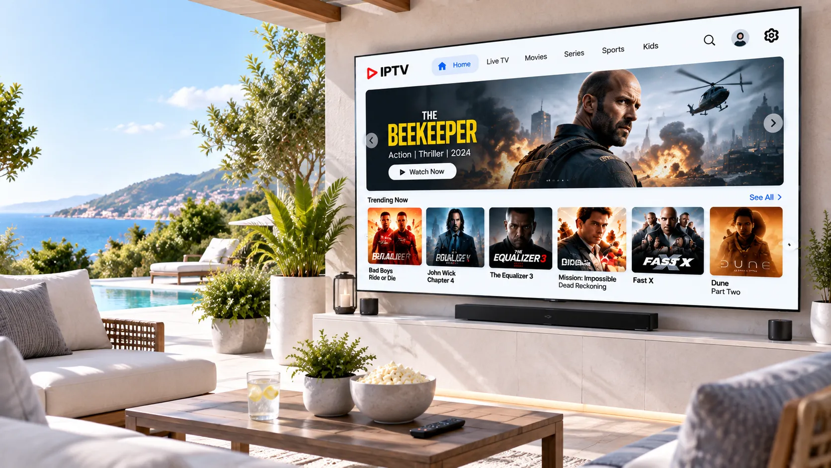 Amazon Fire TV Stick 4K Max angeschlossen an einem Fernseher – IPTV-Player-Einrichtung mit TiviMate und M3U-Playlist