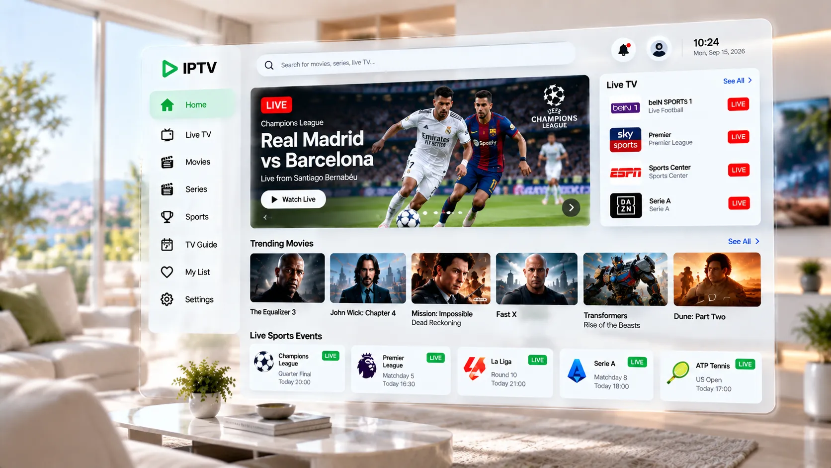 Schema der IPTV-Signalübertragung: Server sendet HLS-Stream über das Internet an Fire TV Stick