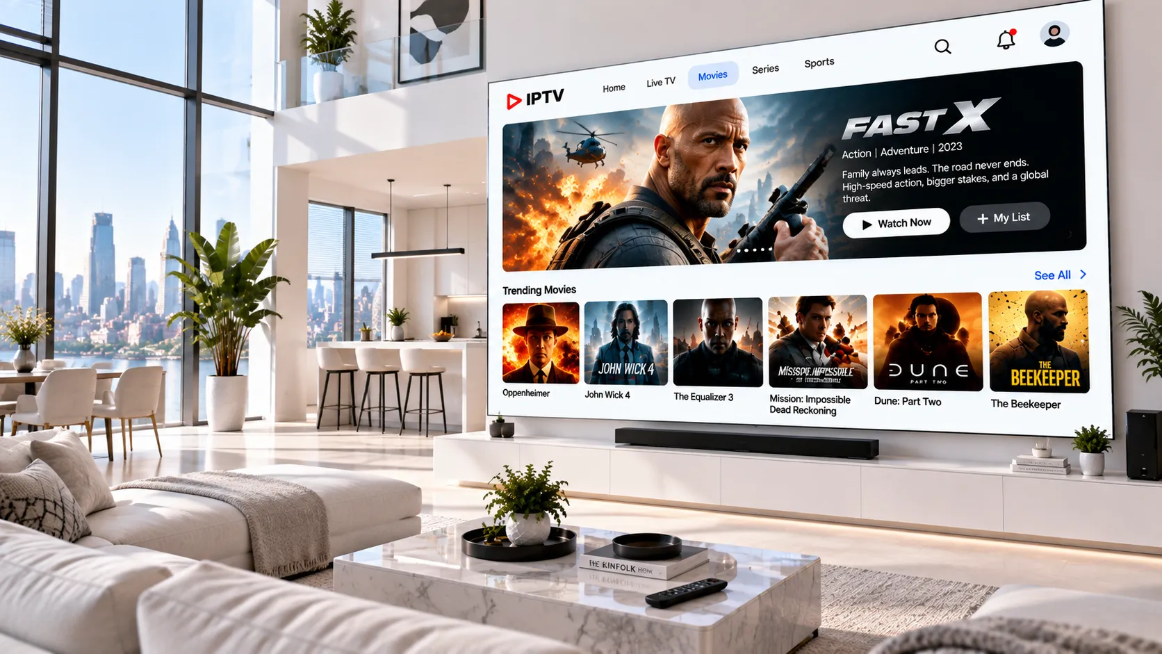 IPTV-Player-Apps auf verschiedenen Geräten: TiviMate auf Android TV, IPTV Smarters auf Fire TV Stick, GSE auf Apple TV
